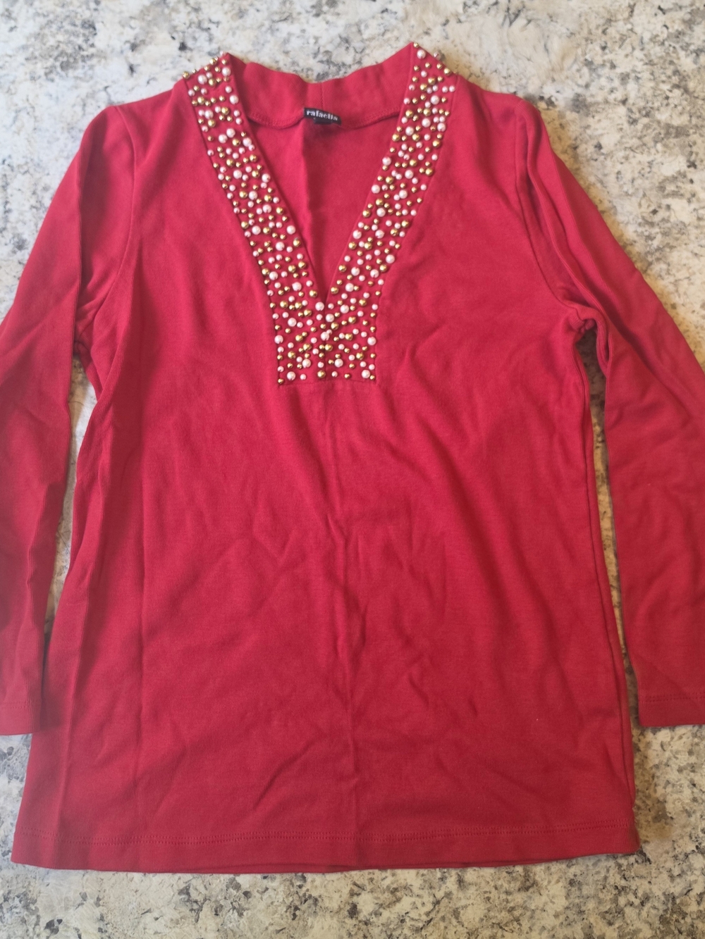 Rafaella Red Long Sleeve V-Neck Top with Studded Trim
